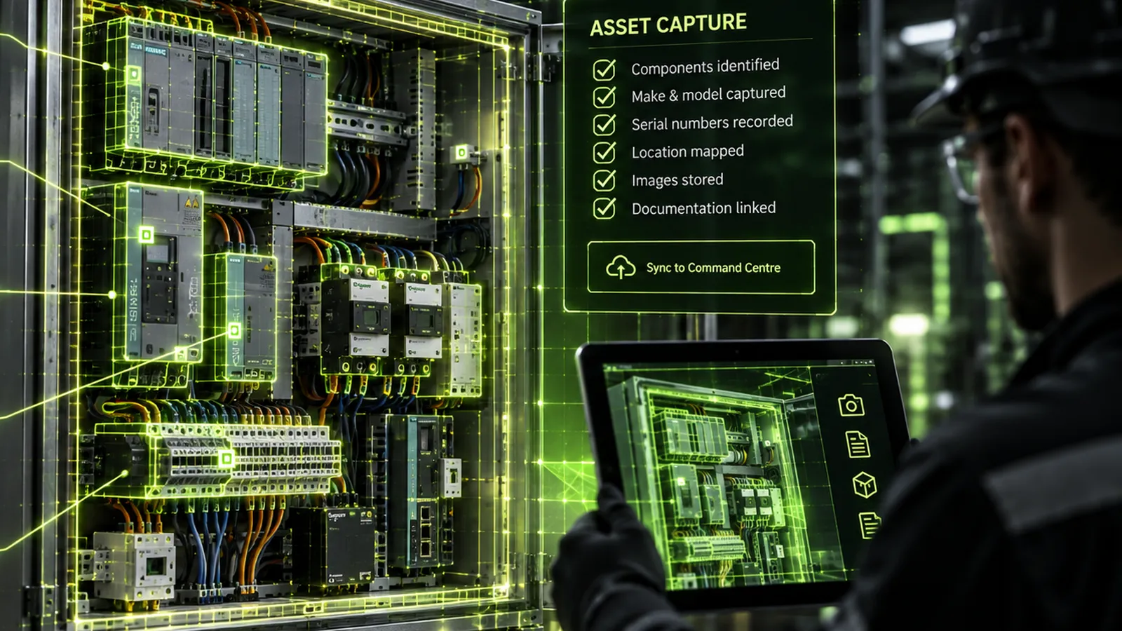 An ECS engineer capturing a control panel on a tablet: PLC, drive, power supply and contactors identified, then synced to Command Centre