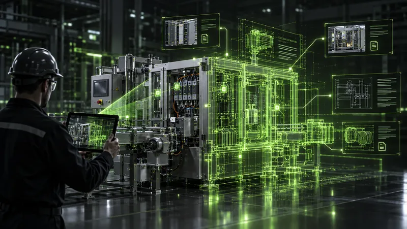 An ECS engineer with a tablet capturing a packaging machine, its components and documentation recorded alongside it