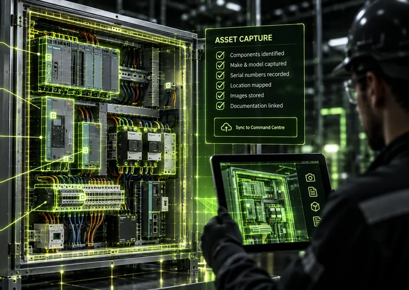 An ECS engineer capturing a control panel on a tablet: PLC, drive and power supply identified and synced to Command Centre